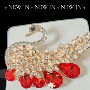 NWT Elegant Gold and Red Jeweled Swan Brooch Pin Purse Charm